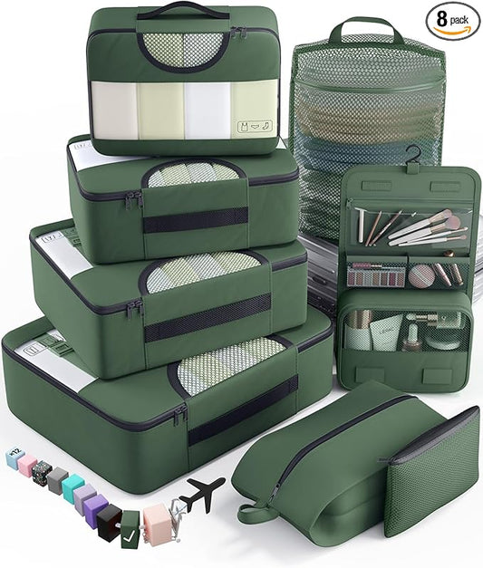 Veken 8 Set Packing Cubes for Travel Essentials, Suitcase Organizer Bags in 4 Sizes, Carry-On Luggage Accessories with Large Laundry & Hanging Toiletry Bag, Must-Have for Airplane, Road Trip & Camping