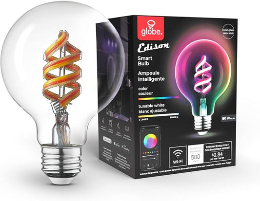 Globe Electric 35851 Wi-Fi Smart 7W (60W Equivalent) Spiral Filament Multicolor Changing LED Light Bulb, No Hub Required, Voice Activated, 2000K - 5000K, G25 Shape, E26 Base, Vintage Edison