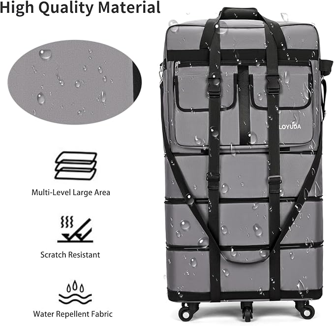 130L Expandable Luggage, 40 Inch Suitcase with Wheels, Collapsible Luggage with Wheels, Rolling Duffle Bag with wheels, Foldable Suitcasewith2Handle Wrap 2Fixing Straps 1Shoulder Strap (gray)