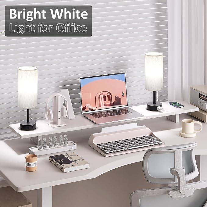 Bedside Table Lamps Set of 2 - Bedroom Lamp for Desk, AC Outlet | 3CCT(3000K/4000K/5000K), LED Bulbs Included, Cream Fabric Lampshade, 14in Small Lamp for Nightstand, Guest Room, Living Room