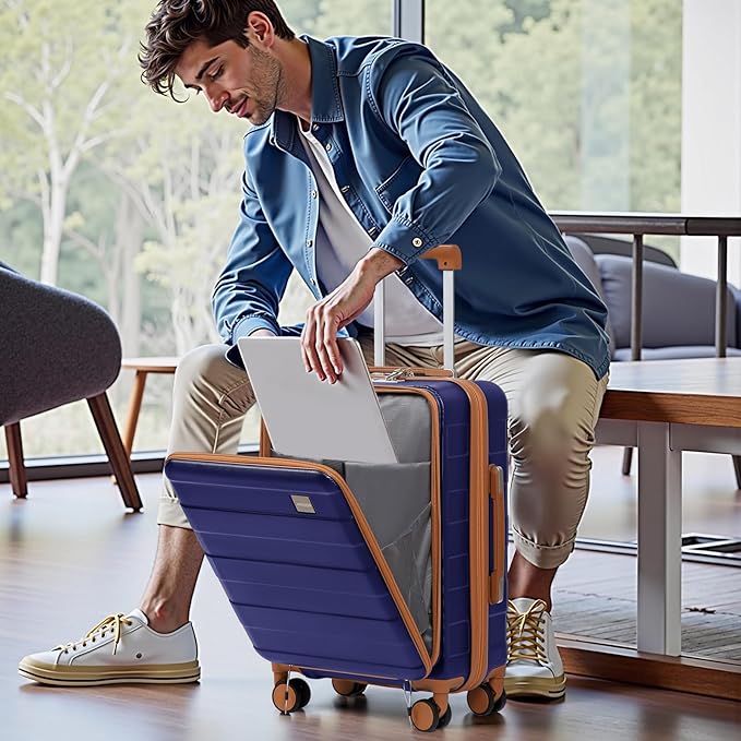 imiomo Carry on Luggage Airline Approved with Front Pocket and USB Port, Hard Shell 20 Inch Travel Carry-on Suitcase with Spinner Wheels and TSA Lock, Navy Brown