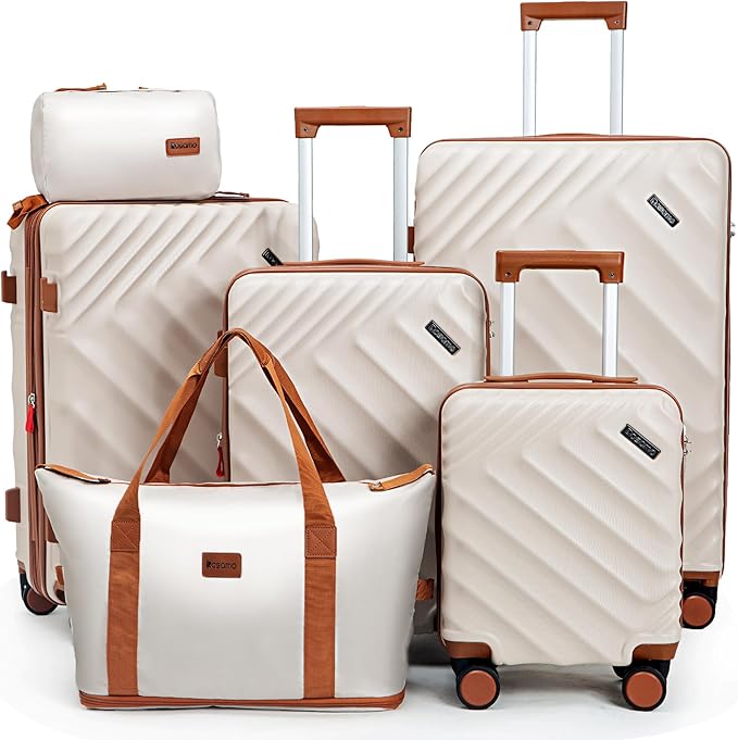 6 piece Luggage Set Expandable Suitcase 22x14x9 Airline Approved Carry on, ABS Hard Case Suitcases with Spinner Wheels, TSA Lock, (Beige)