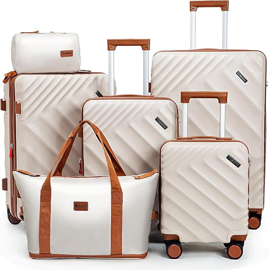 6 piece Luggage Set Expandable Suitcase 22x14x9 Airline Approved Carry on, ABS Hard Case Suitcases with Spinner Wheels, TSA Lock, (Beige)