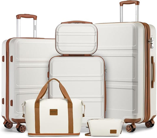 Kono Suitcase Set 3 Piece Luggage Set Expandable(only 28") PC+ABS Carry On Hardside Luggage with TSA Lock Spinner Wheels (Cream White, 6 piece set)