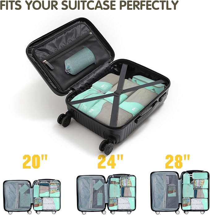 Compression Packing Cubes 8 Set, Dual Zipper Compression Packing Cubes for Travel, See-Through Mesh Packing Bags for Suitcases, Compression Cubes with Shoe Bag