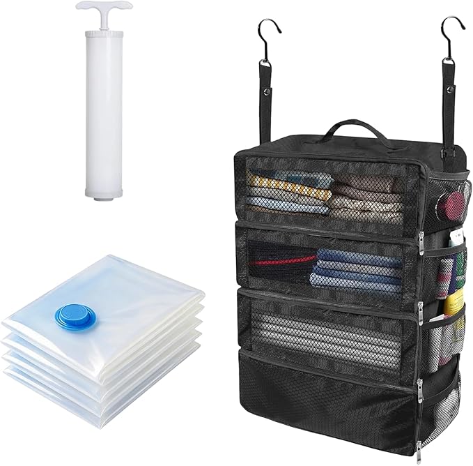 Suitcase Organizer, Travel Luggage Organizer Portable Hanging Travel Shelves Collapsible Hanging Packing Cubes for Carry on Suitcase with 5 Medium Vacuum Storage Bags and Hand Pump,Black