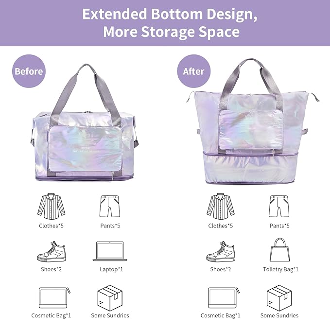 IwIeIaIrI Weekender Overnight Bags for Women Men,Waterproof Lightweight Foldable Gym Duffel Dance Bag for Girls Kids Women Weekend Travel with Laser Color (Purple)