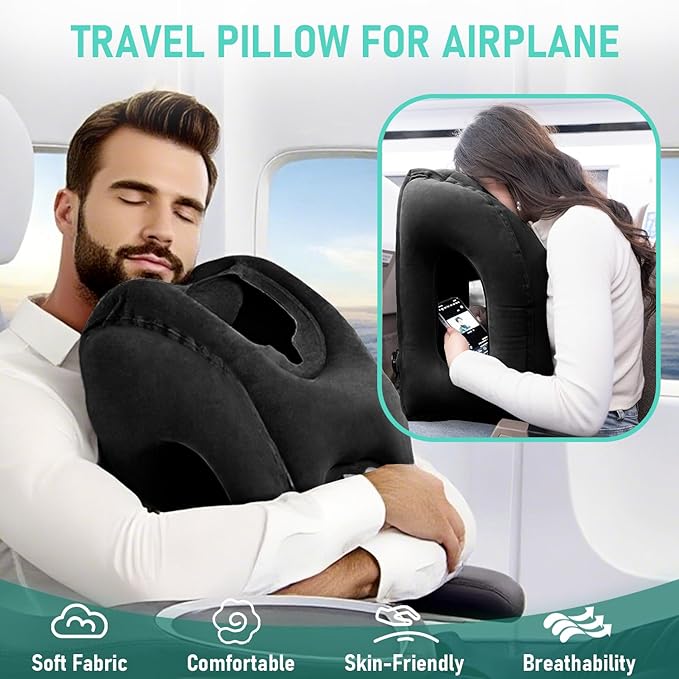 Inflatable Travel Pillow for Airplanes, Airplane Pillow for Long Flight Comfortably Supports, Used for Planes, Trains, Cars, Includes Storage Bag, Eye Mask & Earplugs (Black)