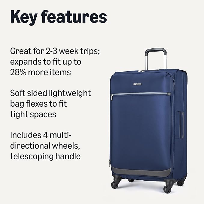 Amazon Basics 28" Large Checked Softside Expandable Suitcase with 360-Degree Multi-directional Spinner Wheels, Zippered Pockets, Telescoping Handle, Spacious, Navy Blue