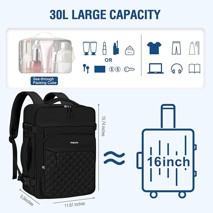 MOSISO Travel Backpack for Women Men, 15-15.6 inch Rhombus Quilted Laptop Backpack Flight Approved with Packing Cubes, 16 inch Carry on Daypack with USB Port for College Work Business, Black