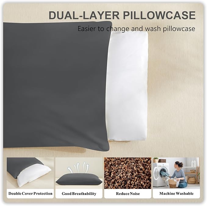 Organic Buckwheat Pillow for Sleeping with Dual-Layer Pillowcase and Extra Tartary Buckwheat Hulls, Adjust Height and Firmness, Neck Support Pillow for Back and Side Sleepers 20"x26", Dark Grey