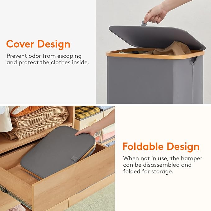 Lifewit 100L Laundry Basket with Lid, Clothes Hampers for Laundry with Bamboo Handles and 1 Removable Bag, Large Foldable Laundry Hamper for Bedroom, Bathroom, Dorm, Laundry Room, Gray