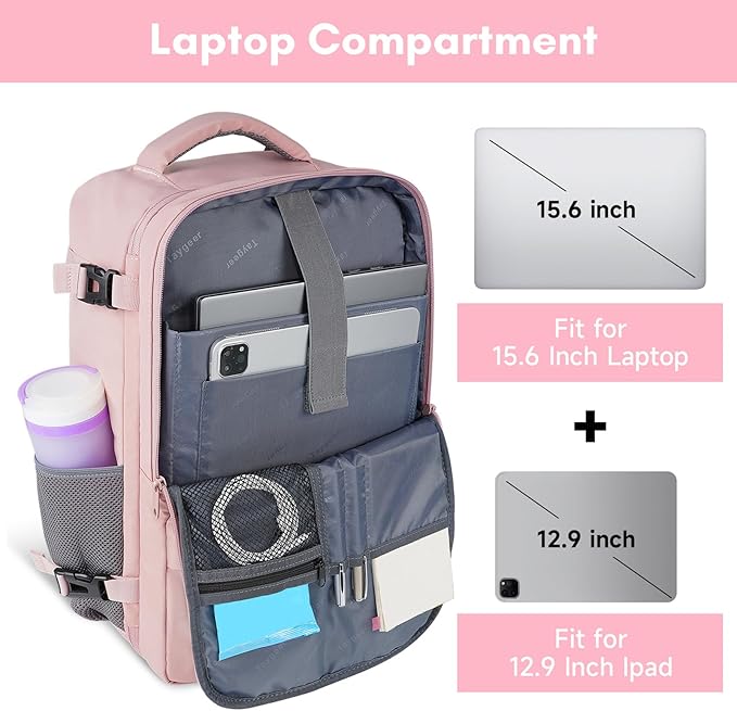 Taygeer Travel Backpack for Women, Carry On Backpack with Water Bottle Pocket & Shoe Pouch, TSA 15.6inch Laptop Mochila Flight Approved, Nurse Bag Casual Daypack for Weekender Business Hiking, Pink