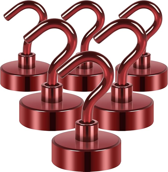 Neosmuk Magnetic Hooks,0.4lb Heavy Duty Earth Magnets with Hook for Refrigerator, Extra Strong Cruise Hook for Hanging, Magnetic Hanger for Cabins, Grill (Red, 6 Pack)