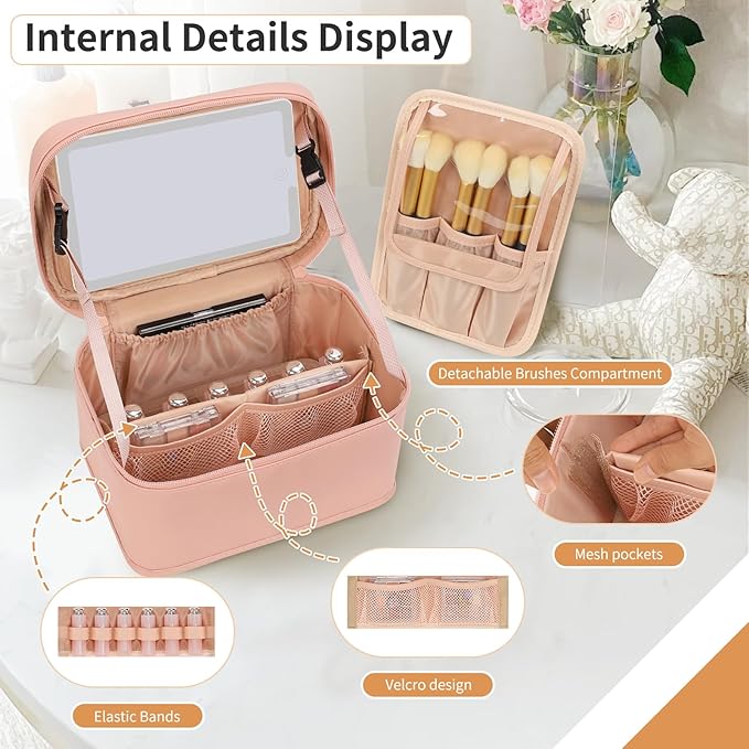 Makeup Bag With LED Mirror, Lightweight Travel Makeup Bag With 3 Color Setting Light Up Mirror Cosmetic Makeup Organizer Vanity Case for Women Beauty Tools Accessories Rechargeable Train Case-Pink