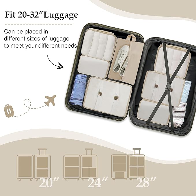 Packing Cubes, 7 Pcs Travel Packing Organizers for Suitcases, Large Capacity Travel Luggage Organizer Set includes 7 Storage Bags, Travel Essentials for Women or Men (Beige)