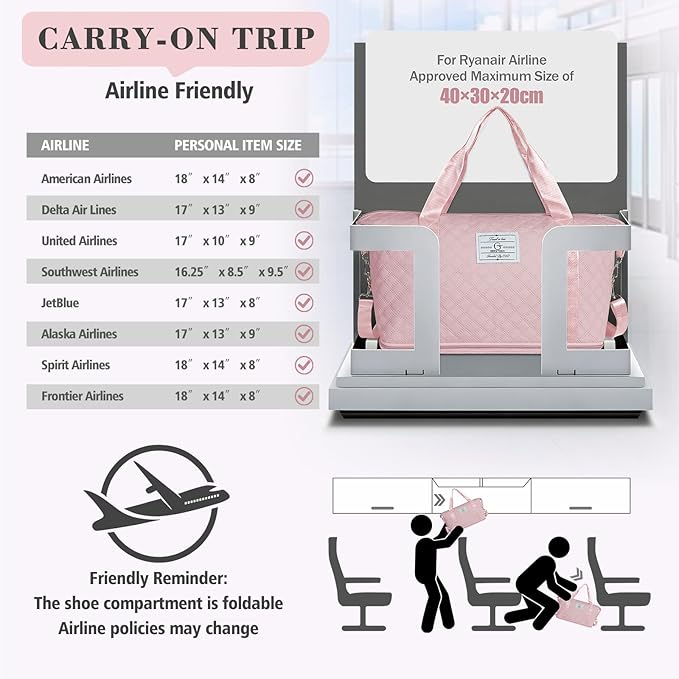 Geestock Travel Duffel Bag, Weekender Bags for Women, Carry on Overnight Bag with Shoe Compartment & Trolley Sleeve, Personal Item Travel Bags with Storage Pouch for Travel, Yoga, Gym, Hospital, Pink
