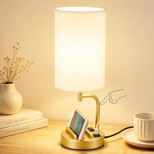 Dreamholder Touch Control USB Table Lamp with USB C/A & AC Outlet, 3-Way Dimmable Bedside Lamp, Modern Nightstand Lamps for Bedroom Living Room Guest Room Office, Bulb Included, Gold