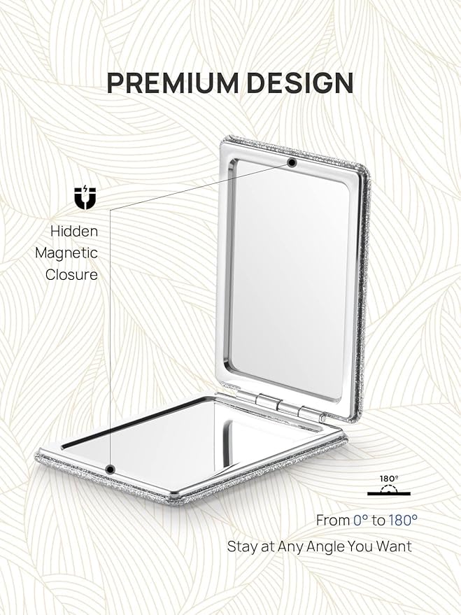 OMIRO Compact Mirror, Glitter PU Leather 1X/3X Magnification, Ultra Portable for Purses, 2.4" W x 3.4" L (Silver)