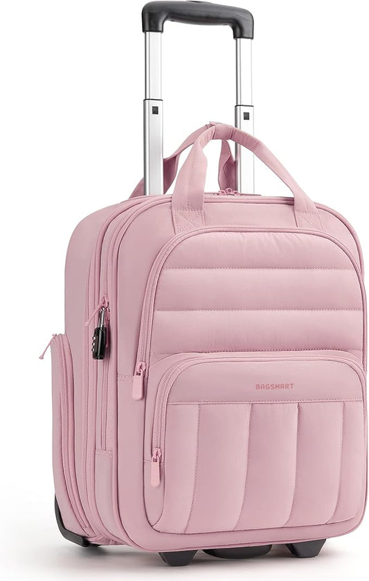 BAGSMART Small Underseat Carry on Luggage with Wheels, 16 inch Small Under Seat Luggage, Lightweight Travel Suitcase for Women, Baby Pink