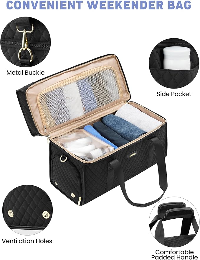 Weekender Travel Duffle Bag for Women: Overnight Bags with Shoe Compartment Carry on Bags for Airplanes with Toiletry Bag Weekend Yoga Gym Bag with Wet Pocket Travel Duffel Tote Bag Hospital Bag Black