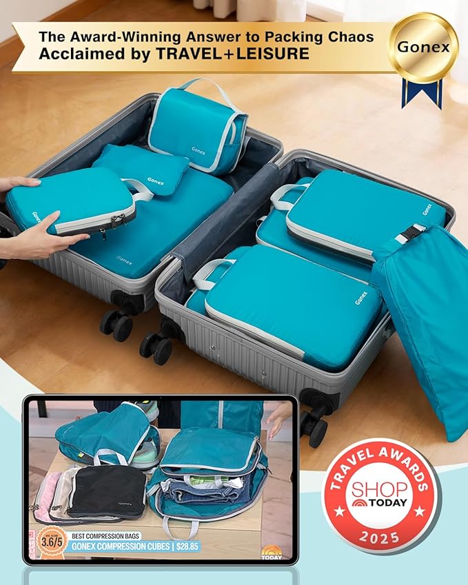 Gonex 10 Set Compression Packing Cubes, Expandable Storage Travel Bags for Suitcase, Luggage Organizers with Hanging Toiletry Bag Laundry Bag Shoe Bag Accessories Bag (Blue)