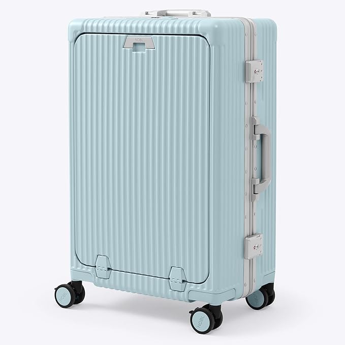 Nobl Travel Zipperless Check In Suitcase - Aluminum Frame, Medium Check In luggage 27x17.5x10.4 Airline Approved by Noble Travel - Polycarbonate Shell - TSA Locks, 360° Spinner Wheels - Powder Blue