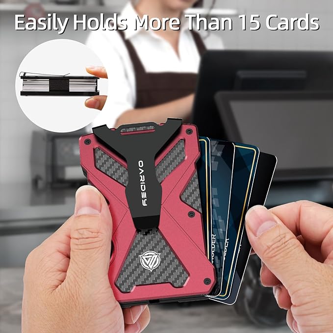 Oaridey Minimalist Wallet for Men- Slim Aluminum Metal Money Clip Wallet with Clear ID Card Holder, Carbon Fiber Wallet, RFID Blocking,Holds up 15 Cards with Cash Clip,Ultra-Thin Tactical Wallet- Red