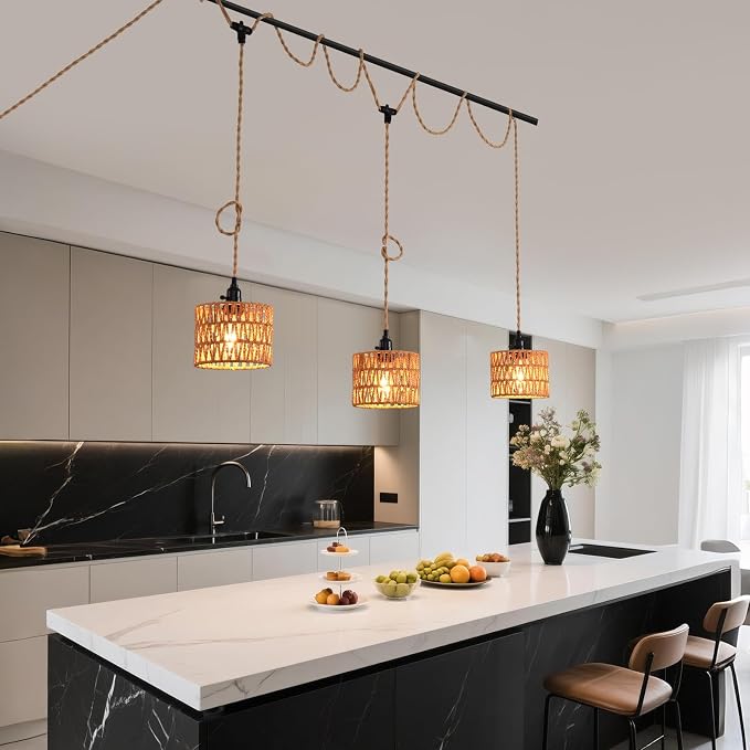 3-Light Hanging Light with Plug in Cord,Plug in Pendant Light 22ft Hemp Rope Pendant Lighting Vintage 3-Light Hanging Lamp Fixtures for Kitchen Island Living Room Bedroom