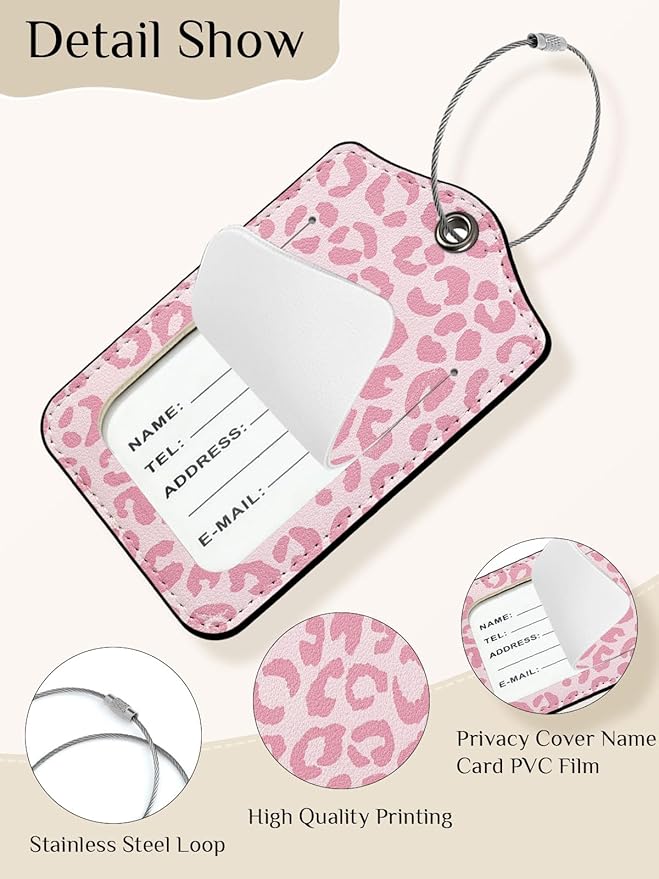 Seorsok 2 PCS Luggage Travel Tags for Suitcases,Cute Pink Leopard PU Leather Name Tag with Privacy Cover&ID Label Address Card and Durable Metal Ring Suitable for Men Women Handbags Backpack,Pink
