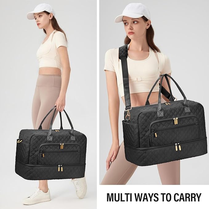 Large Travel Duffle Bag for Women,Carry on Overnight Bag Weekender Bags with Toiletry Bag Travel Bags for Women with Shoe Compartment for Gym Business Trips Sport Hospital(Black)