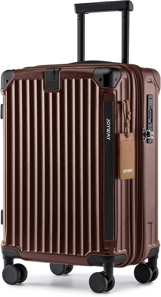 Joyway Carry On Luggage, Expandable Suitcase with Smart Cup Holder and USB Port, 20 IN Hardside Checked with TSA Lock Spinner Double Wheels (Coffe, Carry-On 20-Inch)