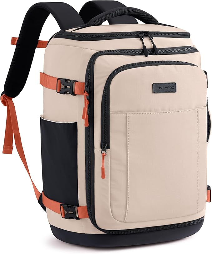 LOVEVOOK Travel Backpack for Women & Men, 40L TSA Approved Carry On Backpack with 3 Packing Cubes, Waterproof Weekender Overnight Bag, Business Travel Essentials, Beige-Black-Orange