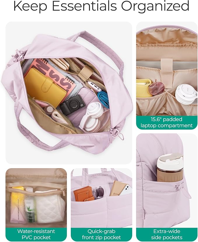 BAGSMART Gym Bag for Women, Lightweight Puffer Duffle Bag 2-PC Travel Bag, 31L Weekender Overnight Bag Quilted Carry On Tote Bag, Diaper Hospital Dance bag for Travel, Gym, Water Resistant