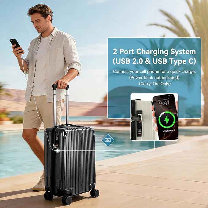 20 Inch Carry On Luggage with Spinner Wheels,PC Expandable Hard Shell Suitcase with USB Port,Lightweight Travel Luggage Airline Approved for Men Women (Iron Gray)