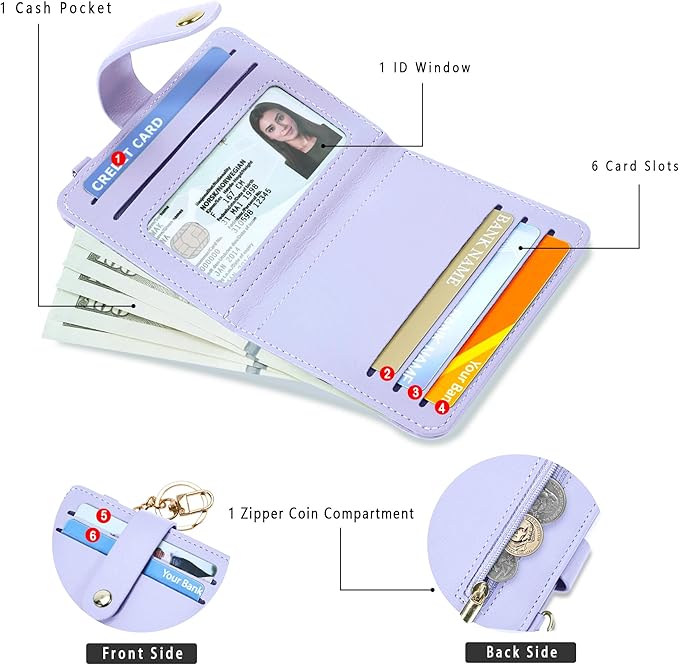 Airkit Small Wallets Woman RFID Blocking Leather Credit Card Holder - with ID Window - Card Wallets for Women - with Zipper Coin Purse - Keychain Wallet