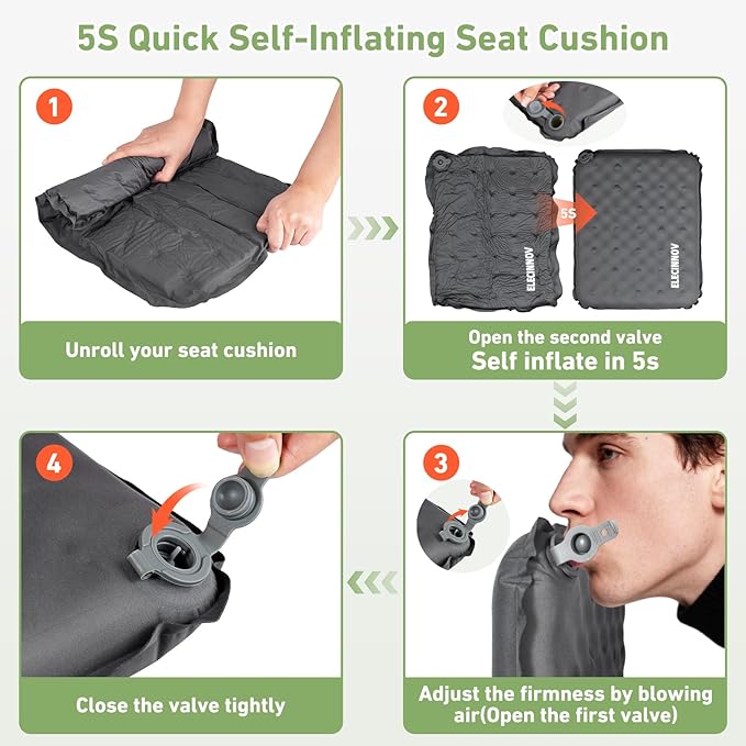 Inflatable Seat Cushion, Self Inflating Memory Foam Stadium Seat Cushion Lightweight Camping Chair Pad Airplane Cushion for Long Flights Outdoor Travel Bleacher Office Car Backpacking (Grey-2pack)