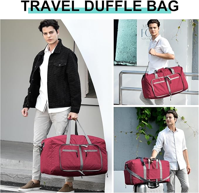 Dimayar 40L Travel Duffle Bag for Men Women - Foldable Duffel Bag with Shoes Compartment - Overnight Bags Waterproof & Tear Resistant(Red)