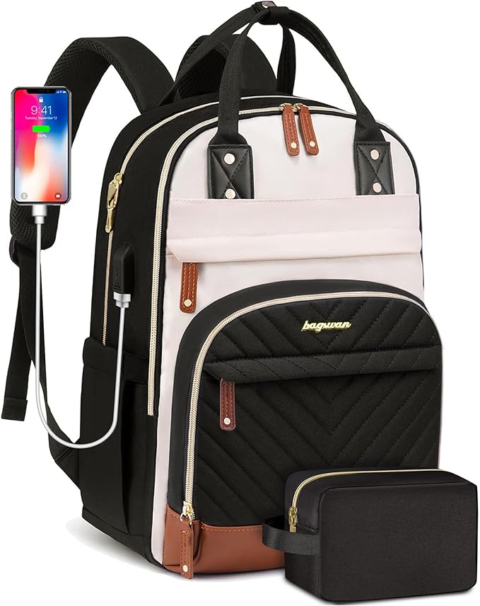 Backpack for Women 15.6 Inch Laptop Backpack Work Business Backpacks Purse Waterproof Computer College Backpacks Nurse Bag Backbag 2 Sets Casual Daypack for Travel Black