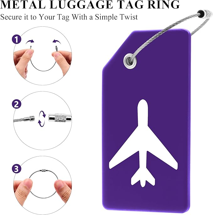 5 Pack Silicone Luggage Tag for Suitcases with Stainless Loop, TSA Approved, Privacy Protection Travel Essentials Bag Tags by Gostwo, Purple