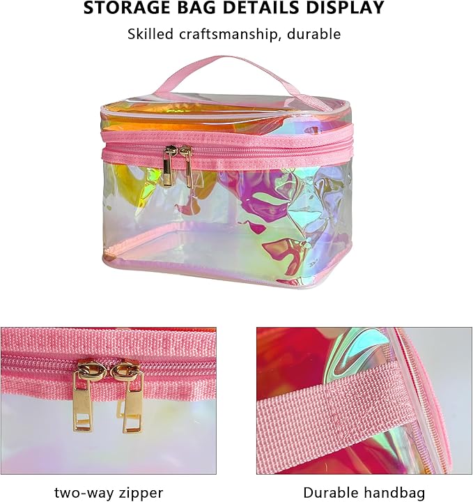 Waterproof Holographic Red PVC Makeup Bag with Handle - 8.66 * 5.51 * 5.51 inch Travel Cosmetic Organizer for Women Men Toiletry Pouch (Holographic Red-L)