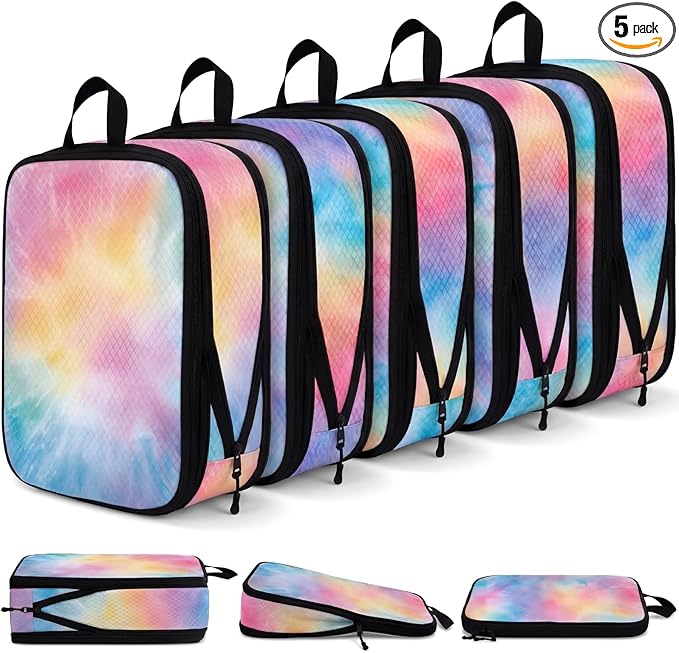 5 Pack Compression Packing Cubes for Travel Space Saving Cubes Luggage Organizer for Suitcase(Watercolor,L)