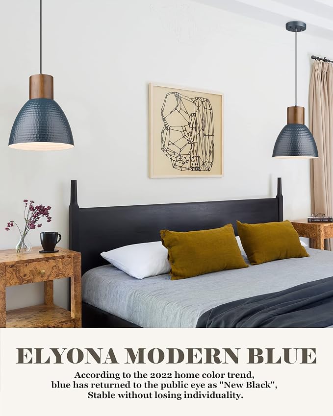 ELYONA 2 Pack Modern Hammered Pendant Lights 10.2” Blue Solid Wood Hanging Lamp, Adjustable Height, Industrial Metal Pendant Lighting for for Farmhouse, Kitchen Island, Dining Room,Bedroom,Bar,Office