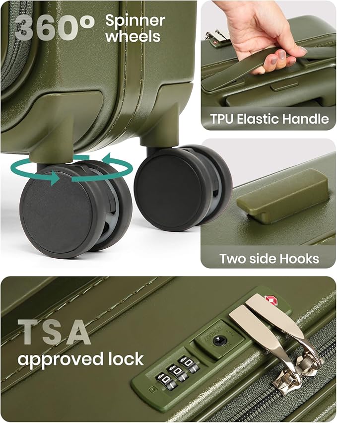 Joyway Luggage Set 5 Piece Top Opening Suitcase Set with Spinner Wheel and TSA Lock, PC Hard Shell Carry on Luggage with Front Pocket, Suitcase with Backpack and Foldable Storage Bag (Green)