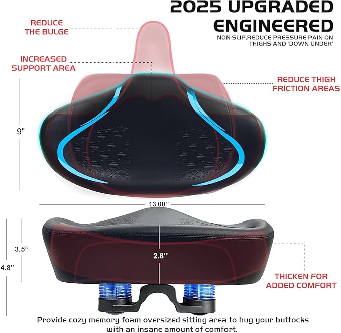 Noseless Bike Seat Cushion for Men & Women - Extra Padding & Comfort Wide Bicycle Seat, Oversized Comfortable Saddle for Peloton Bikes, Exercise Bikes, Electric Bikes, Cruiser Bikes