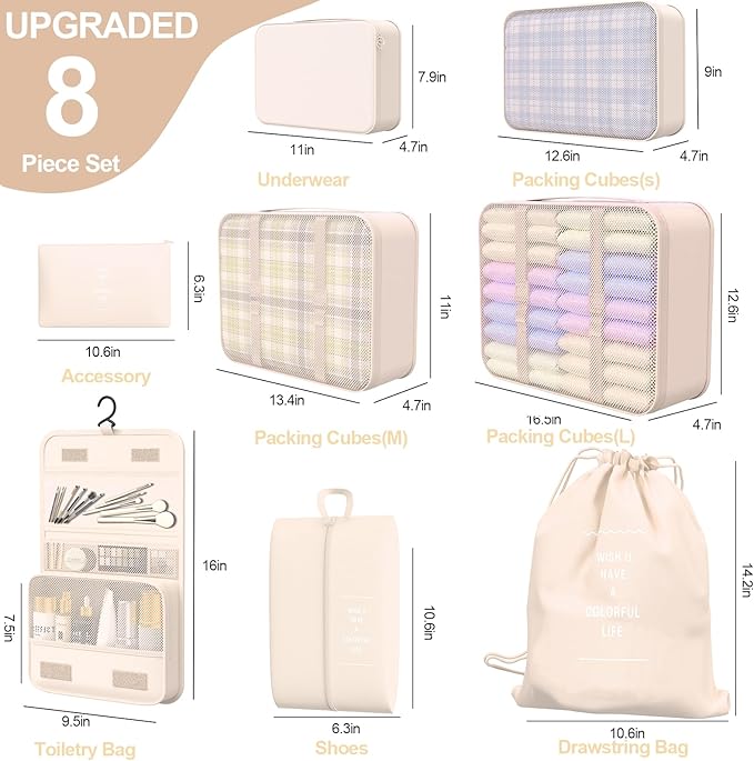 8 Set Packing Cubes for Travel,Suitcase Organizer Bags for Luggage with Shoe & Hanging Toiletry Bag, Vacation Essentials & Accessories for Cruise Ship, Airplane Must-Have,Road Trip & Camp Gifts(Cream)