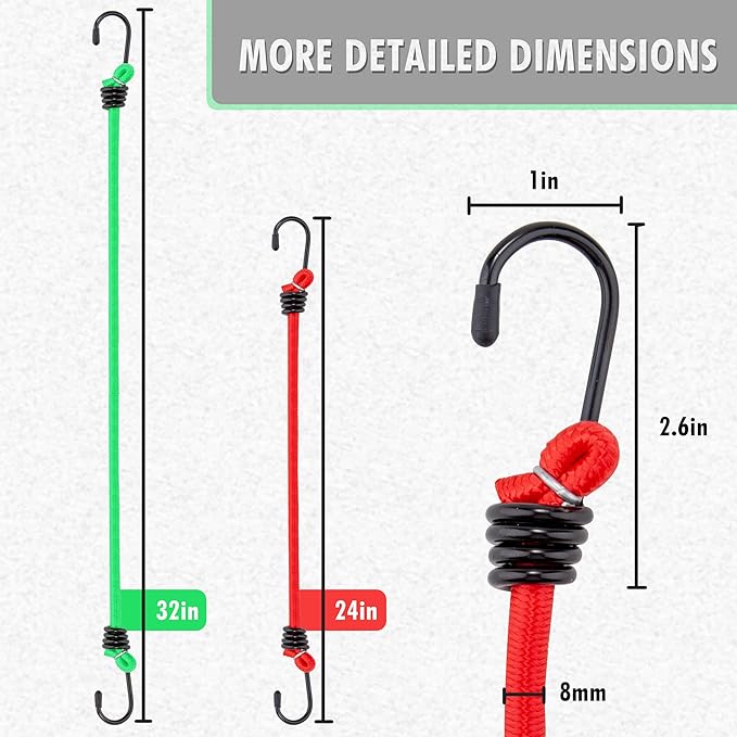Cartman 8mm 16Pack Bungee Cords, 6pcs 32"& 10pcs 24" with Steel Hook