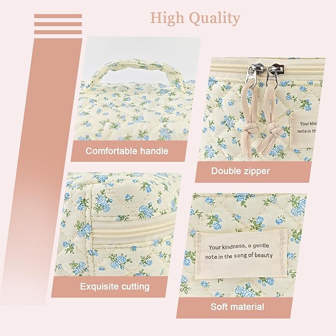 Cute Makeup Bag for Women(2 Pcs), Travel Cosmetic Bags, Quilted Coquette Aesthetic Floral Toiletry Organizer Bag (47 - BlueMuDan)