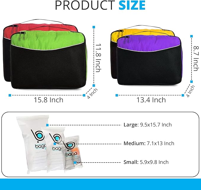 bago 7 Pcs Packing Cubes for Travel - 4 Travel Packing Cubes for Suitcases with 3 ZipLock Bags - Luggage Organizer Bags to Get Maximum Storage, Save Time & Effort to Pack (Green Red PurpleYellow)
