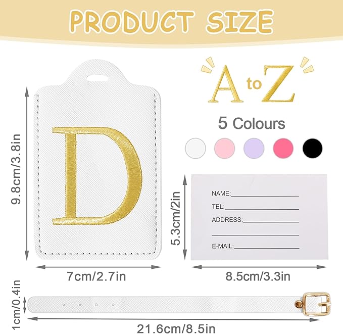 Initial Letter Luggage Tags for Suitcases, Embroidered Monogrammed Suitcase Luggage Identifier Name Tag, PU Leather TSA Approved Luggage Tags, Bag Tags for Men Women Kids Luggage Handbags(White D)